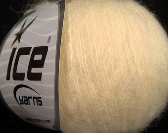 May include: A ball of soft, light cream colored yarn with a label that reads "ICE yarns" and a star logo.