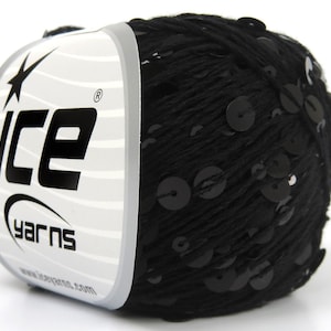 May include: A skein of black yarn with black sequins woven throughout. The yarn is labeled "Ice Yarns" with a star logo.