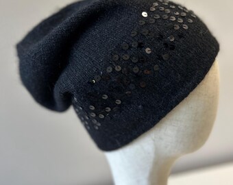CASHMERE ANGORA Hand Knitted Black Color BEANIE with Sequins