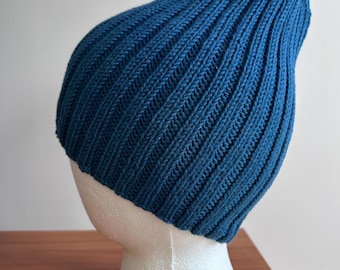 Organic Certified Plant-Based Natural COTTON BEANIE Unisex for Teens Adults Hand Knitted One Size Petrol Navy Color