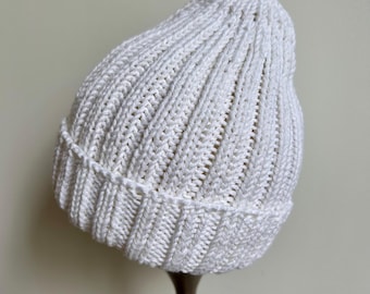 Organic Certified Plant-Based Natural White COTTON BABY BEANIE Hat Hand Knitted