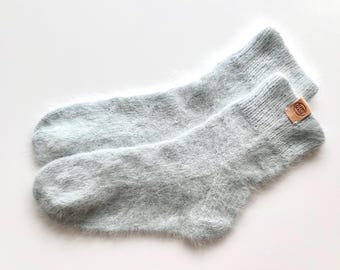 Hand Knitted ANGORA Wool Unisex Lounging Sleeping SOCKS w/ Genuine Leather Tag Pale Blue Color