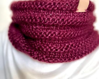 CASHMERE Neck Warmer Snood for WOMEN/ Girl Hand Knitted BURGUNDY Color