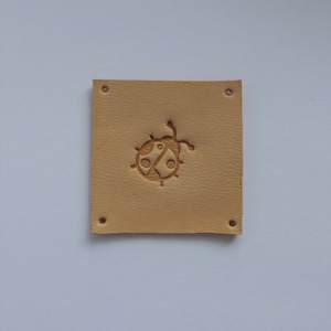 May include: A square, tan leather tag with a debossed ladybug design. The tag has four evenly spaced holes, one in each corner. The ladybug is centered on the tag and has a detailed, stylized appearance.