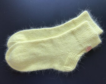 Hand Knitted ANGORA Wool Unisex Lounging Sleeping SOCKS w/ Genuine Leather Tag Yellow Color
