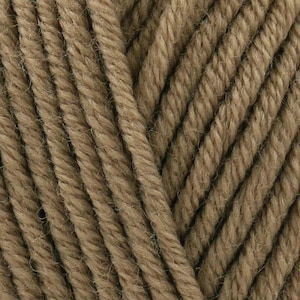 May include: A close-up view of light brown yarn featuring a multi-ply twisted construction. The individual strands are tightly wound together, creating a consistent diagonal texture across the entire surface of the fiber bundle.