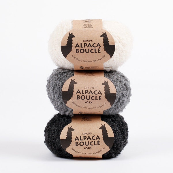 Aran Worsted DROPS ALPACA BOUCLE Wool Yarn, 50 g, 153 y.