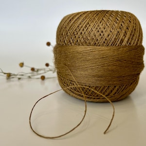 May include: A ball of brown twine, tightly wound, with a band of the same material wrapped around its center. A strand of twine extends from the ball. Dried sprigs with small, round seed pods are placed to the left of the twine ball.