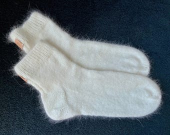 Pre-ordering ANGORA Wool SOCKS Hand Knitted Sleeping Lounging Socks Off White Color ADULT Women Shoe Size 8-9