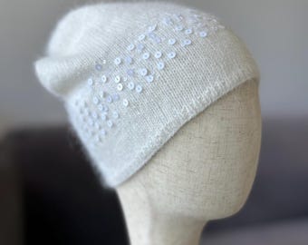 CASHMERE ANGORA Hand Knitted Off White Color BEANIE with Sequins