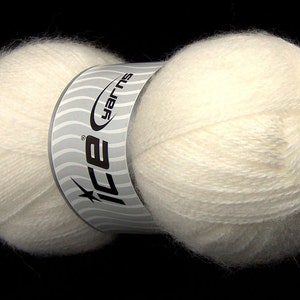 May include: A skein of white yarn with a label that reads "ICE Yarns".