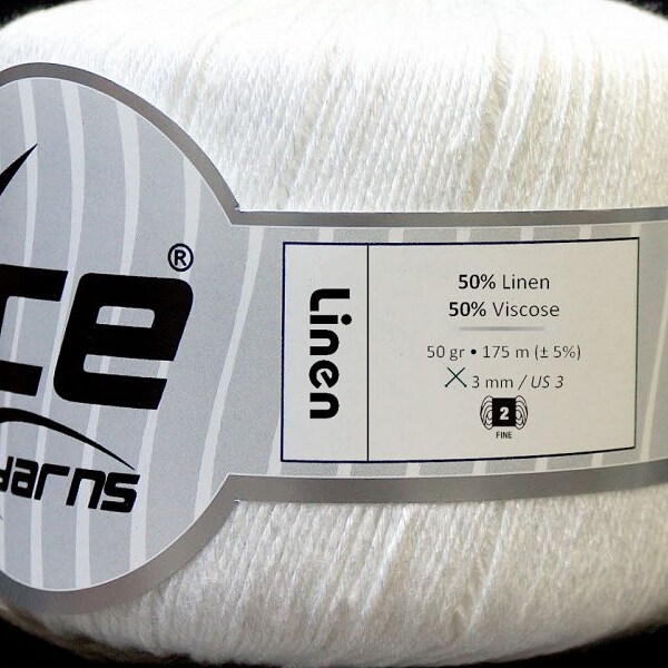 LINEN FINE ICE Yarns, White Yarn, 50g, 191 Yards