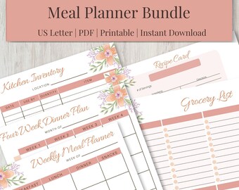 Meal Planner Printable Bundle | Menu Planning | Recipe Cards | Grocery List | Dinner Plan | PDF