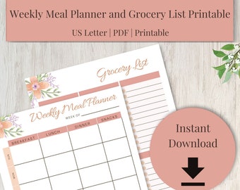 Weekly Meal Planner Printable with Grocery List Printable | Weekly Menu Planner | Fitness Planner | PDF | Health Planner | Digital Download