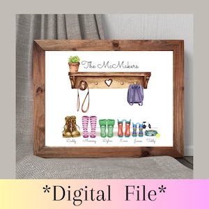 May include: A watercolor illustration of a wooden shelf with a heart, a backpack, a leash, and boots with names below each pair. The text above the shelf reads "The Mc Makers".