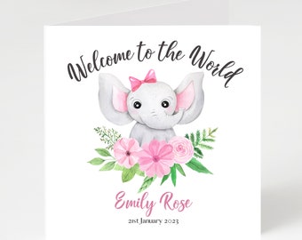 Personalised new baby girl card, card for new parents, welcome to the world elephant card.