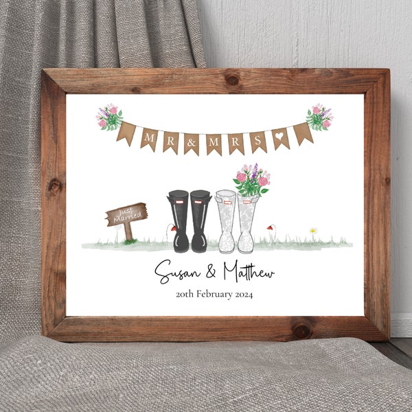 Personalized Welly wedding prints. Wedding day keepsake. Wedding gift, gift for wedding couple, Rustic wedding gift, wedding present.