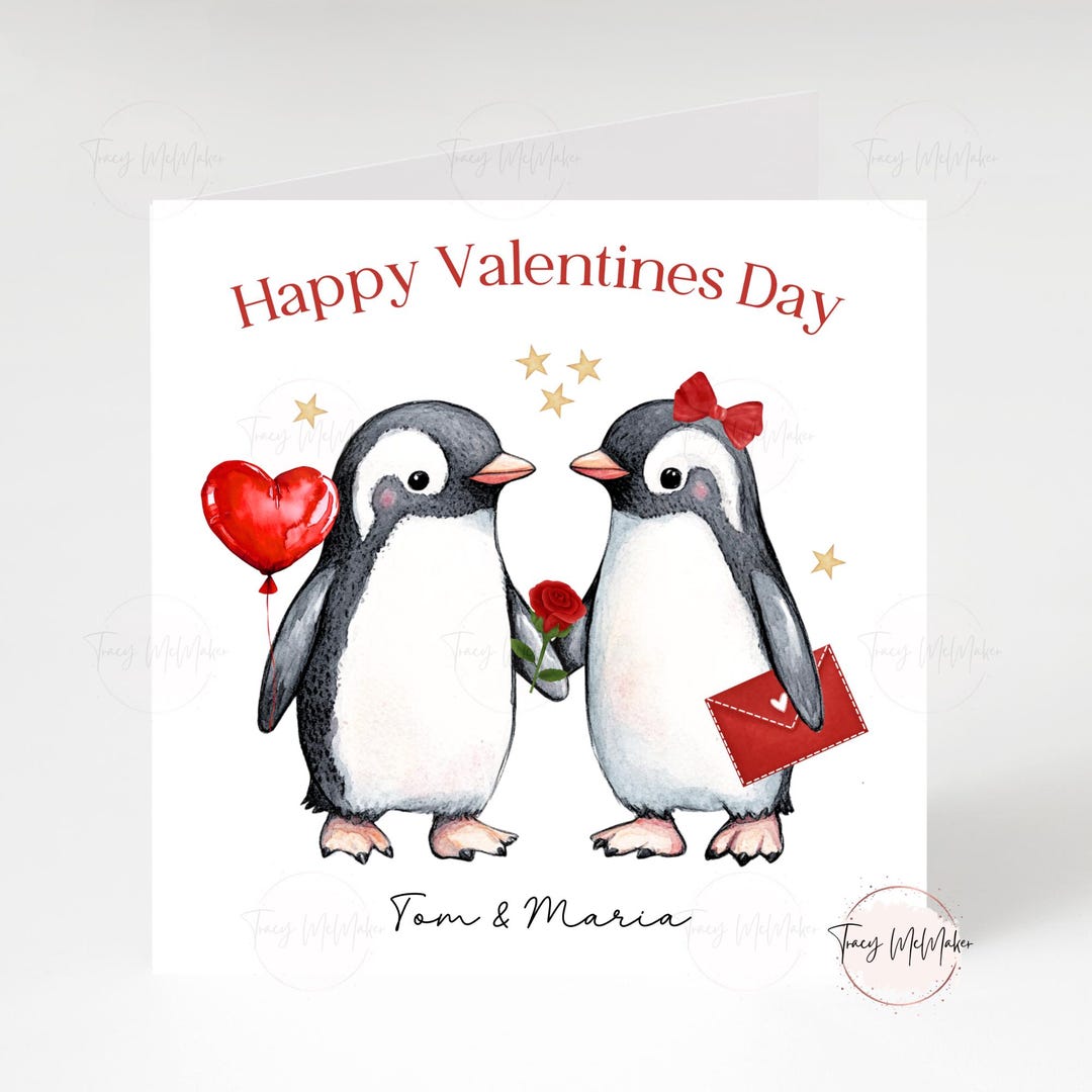 Personalised Valentines Day Card, Cute Penguin Couple Card for ...