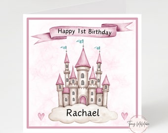 Personalised princess castle birthday card, 1st birthday card, birthday card for daughter, Birthday card for niece, any name, any age card.