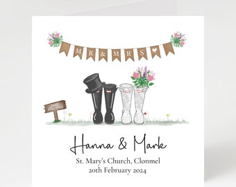 Wedding welly personalised wedding card, rustic wedding card, Bride and Groom wedding wellies, wedding boots customised card. welly card.