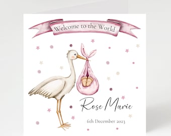Personalised new baby girl card, card for new parents, new baby with stork and baby card,  baby girl card, welcome to the world card.