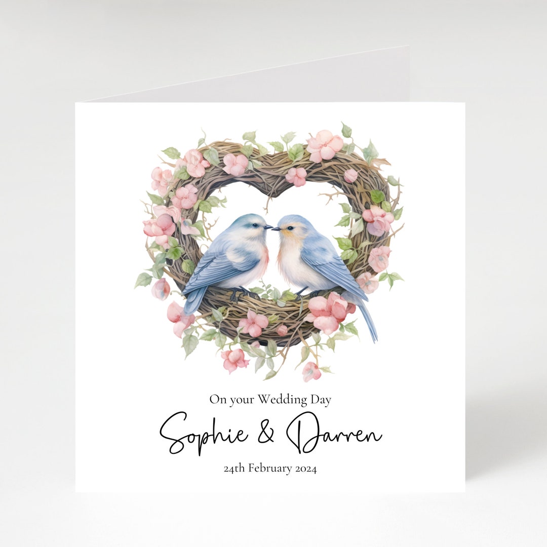Personalised Love Birds Wedding Card, Floral Heart Engagement Card, on ...