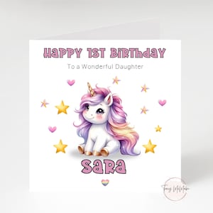 Personalised unicorn birthday card, 1st birthday card, card for Daughter, Niece, Goddaughter Personalised birthday card, any age, any name.