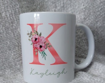 personalised mug, mug with floral Initial, personalised mug with Name, girly personalised mug, tea/coffee mug with name on it.