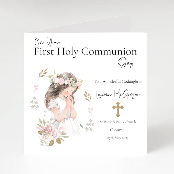 Personalised first Holy Communion card with girl design, communion card for girl, first holy communion card for Daughter, Niece, ect.