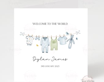 Gepersonaliseerde nieuwe babyjongenkaart: waslijnontwerp, welkom bij de wereldkaart, aangepaste naam en datum, kaart pasgeboren baby, cadeau babyjongen