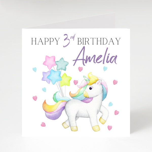 Personalised unicorn birthday card, card for Daughter, Niece, Sister, Goddaughter Personalised birthday card, any age, any name.