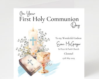 Personalised first Holy Communion card with blue cross design, communion card for boy, first holy communion card for son, grandson, nephew.