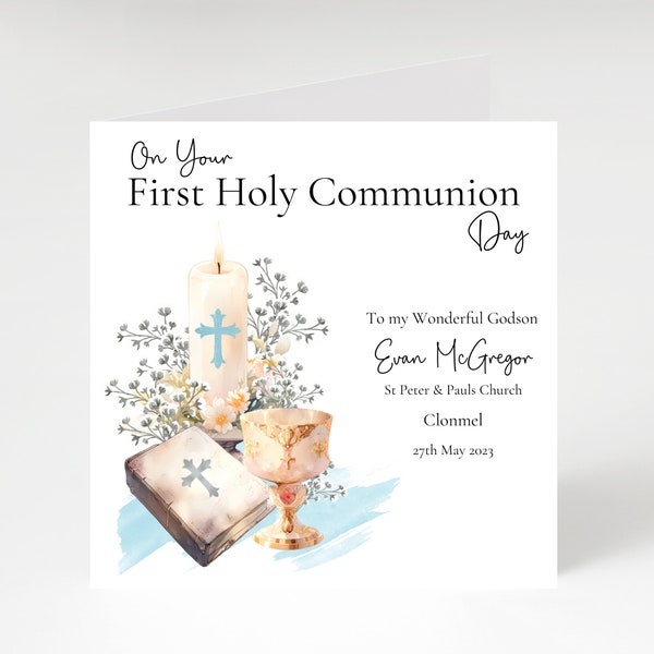 Personalised first Holy Communion card with blue cross design, communion card for boy, first holy communion card for son, grandson, nephew.