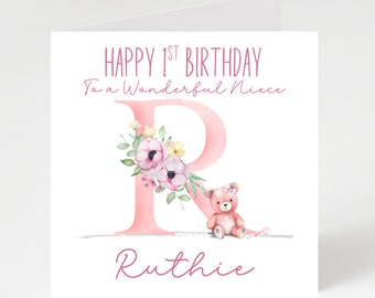 Personalised initial birthday card, 1st birthday card, birthday card for daughter, Birthday card for niece, any name, any age card.