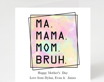 Personalised mothers day card, Ma, Mama, Mom, Bruh, mothers day 2024, pastel colour mothers day card