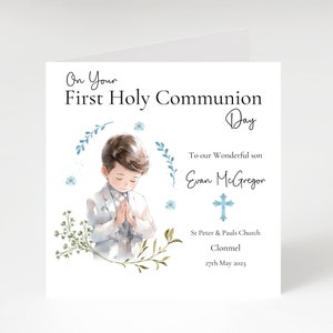 Personalised first Holy Communion card with blue cross design, communion card for boy, first holy communion card for son, grandson, nephew. image 1