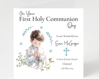 Gepersonaliseerde eerste heilige communiekaart met blauw kruisontwerp, communiekaart voor jongen, eerste heilige communiekaart voor zoon, kleinzoon, neef.