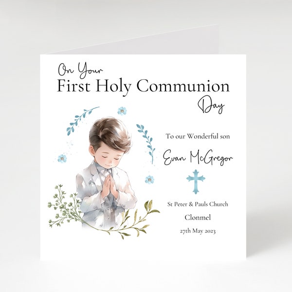 Carte de première communion personnalisée avec croix bleue, carte de communion pour garçon, carte de première communion pour fils, petit-fils, neveu.