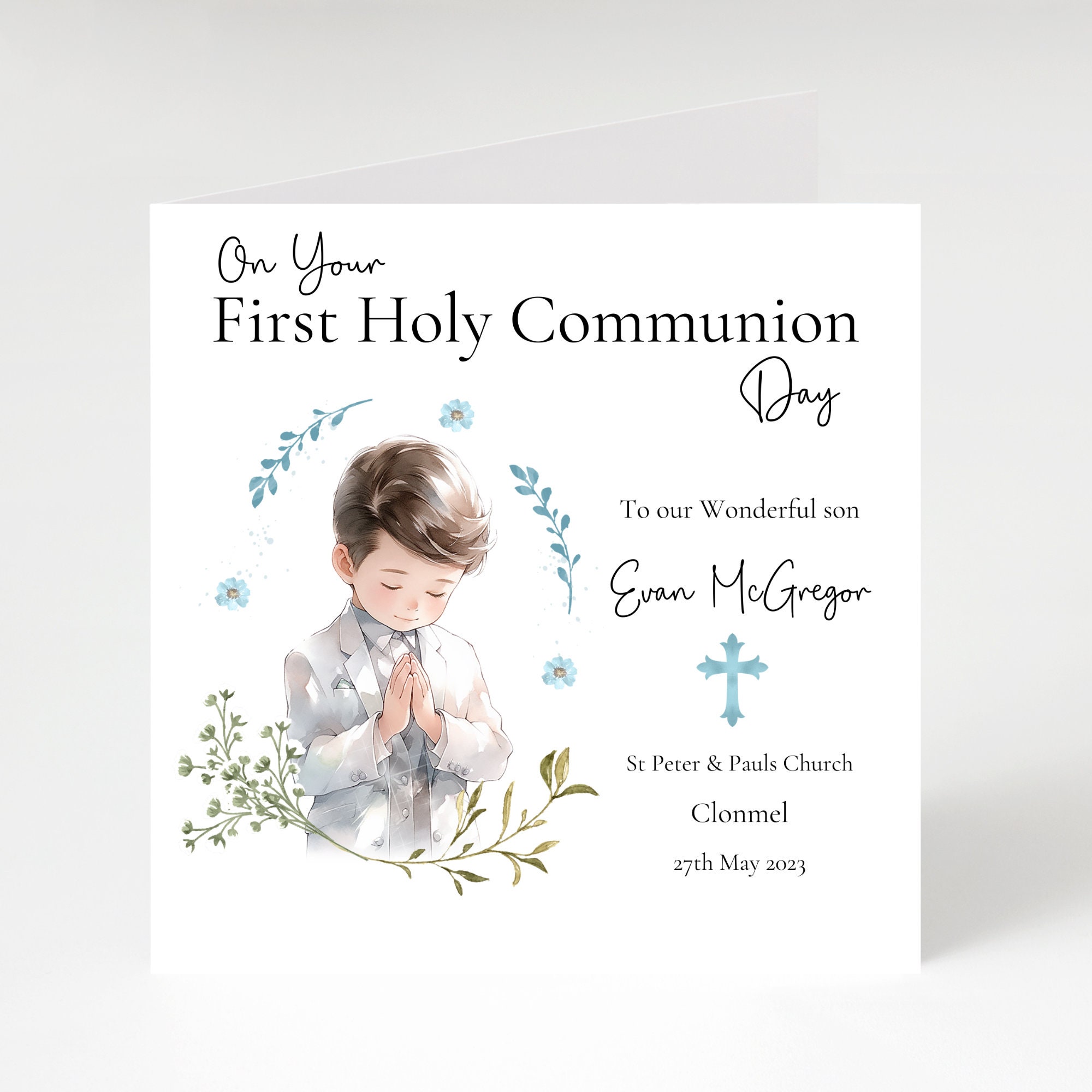 Personalised First Holy Communion Card With Blue Cross Design