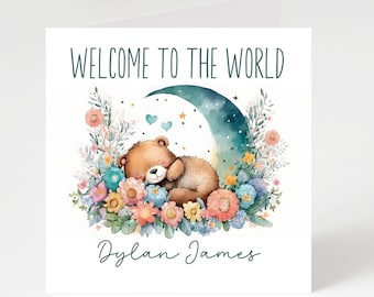 Personalised new baby card, card for new parents, new baby teddy bear card, baby girl card, baby boy card, welcome to the world card.