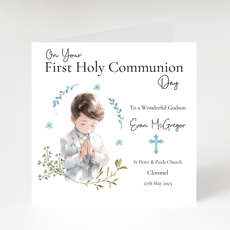 Personalised first Holy Communion card with blue cross design, communion card for boy, first holy communion card for son, grandson, nephew. image 2