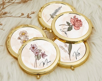 Miroir compact fleur de naissance personnalisé, cadeaux de demoiselle d'honneur, miroir compact floral, cadeau d'anniversaire, miroir de poche de voyage, cadeau de mariage pour elle