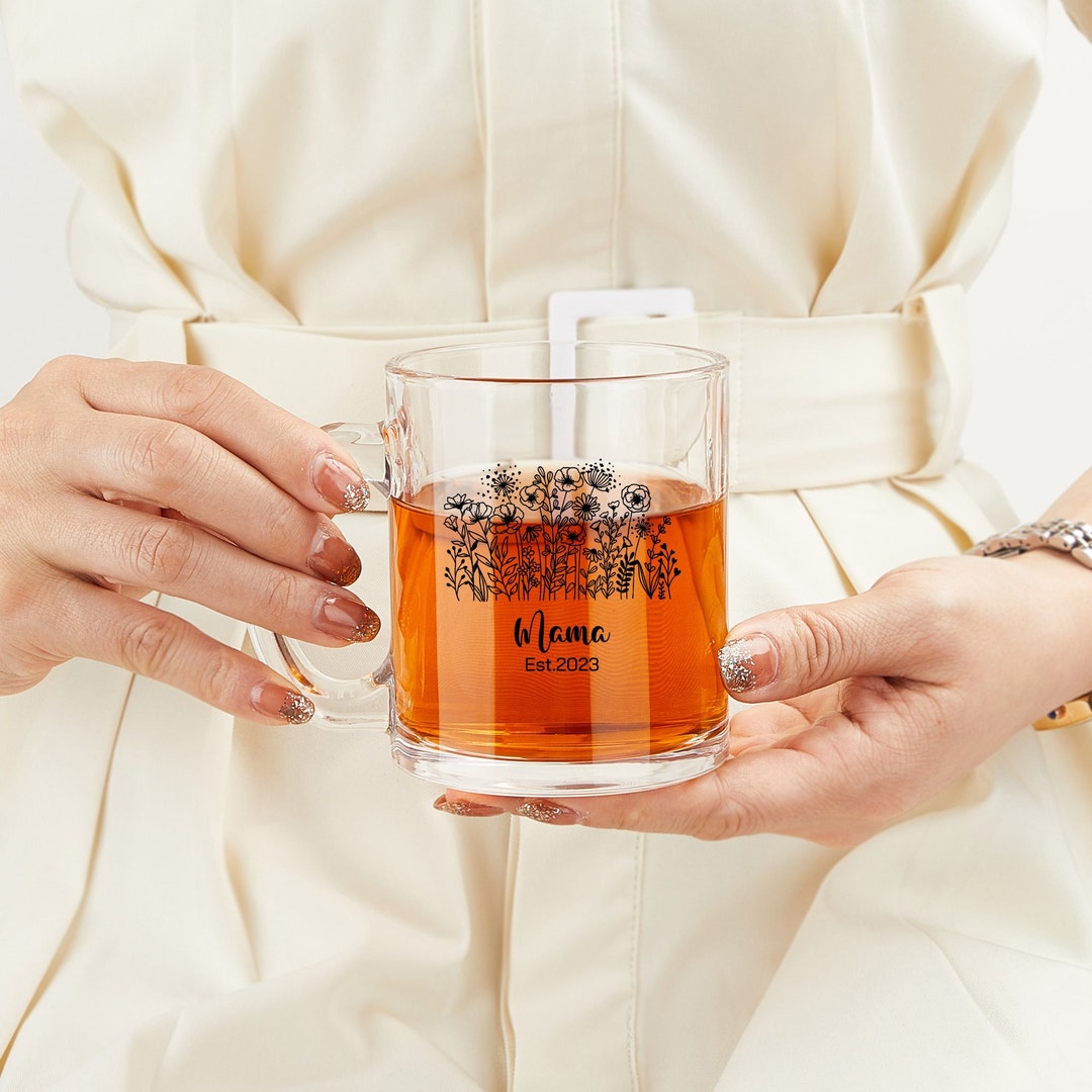 Custom Flower Name Mug,gift for New Mom,glass Coffee Mug,mama Gift