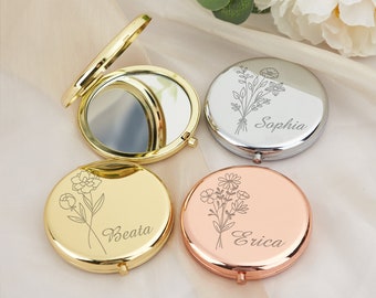 Customized Pocket Makeup Mirror, Pocket Makeup Mirror, Bridesmaid Gifts, Birth Flower Compact Mirror, Hen Party Gift