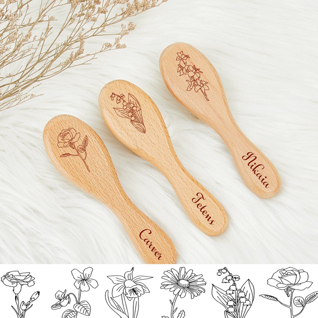 Birth Flower Baby Hair Brush,personalized Kids Hair Brush,wooden Brush,baby Girl Boy Gift