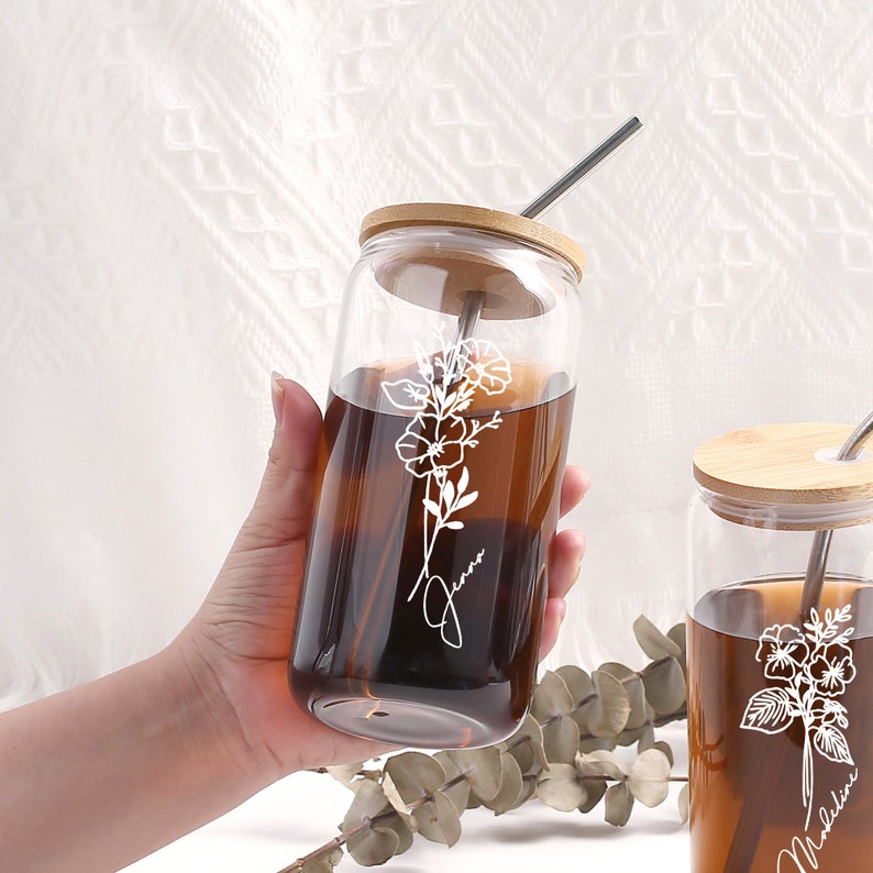 Personalized Iced Coffee Cup With Lid and Straw Birth Flower Etsy