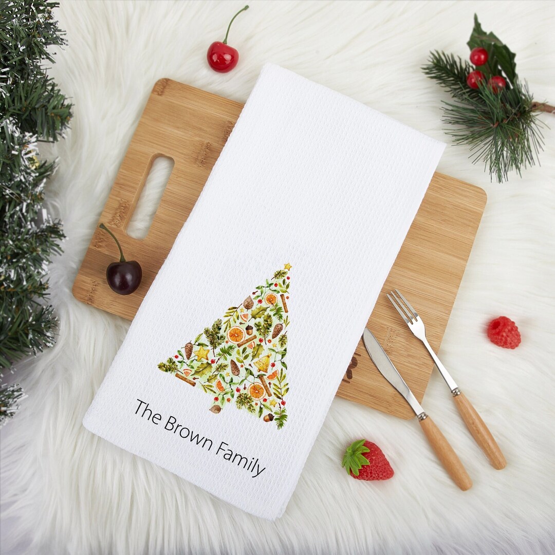 Personalized Christmas Tree Tea Dish Towel, Christmas Tea Towels