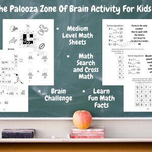 Puede incluir: Una pizarra verde con el título "The Palooza Zone of Brain Activity for Kids". Hay cinco secciones diferentes en la pizarra, cada una con un tipo diferente de actividad matemática. Las secciones son "Medium Level Math Sheets", "Math Search and Cross Math", "Brain Challenge", "Learn Fun Math Facts" y "Solve Equation".