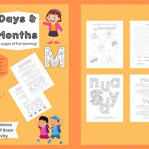 Días y meses, letra impresa y cursiva, laberintos de letras, calendarios, ortografía, calco, colorear