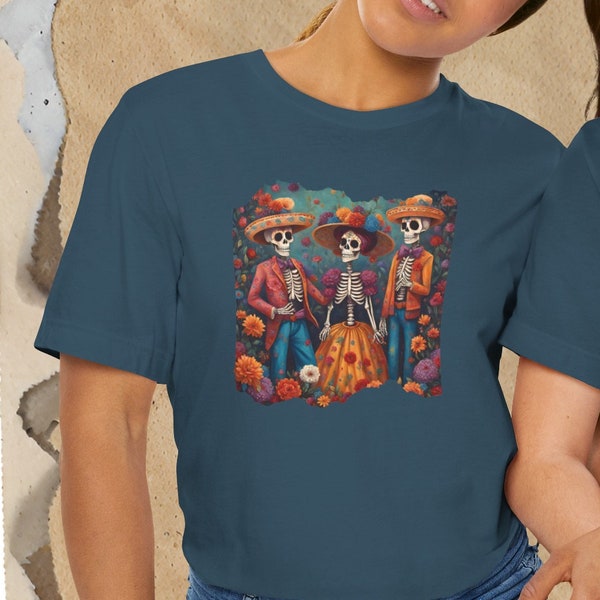 Day of the Dead Skeletons Celebration T shirt-Floral Sugar Skull t shirt-Dia de los Muertos tshirt with Floral Theme-Colorful Unisex tshirt